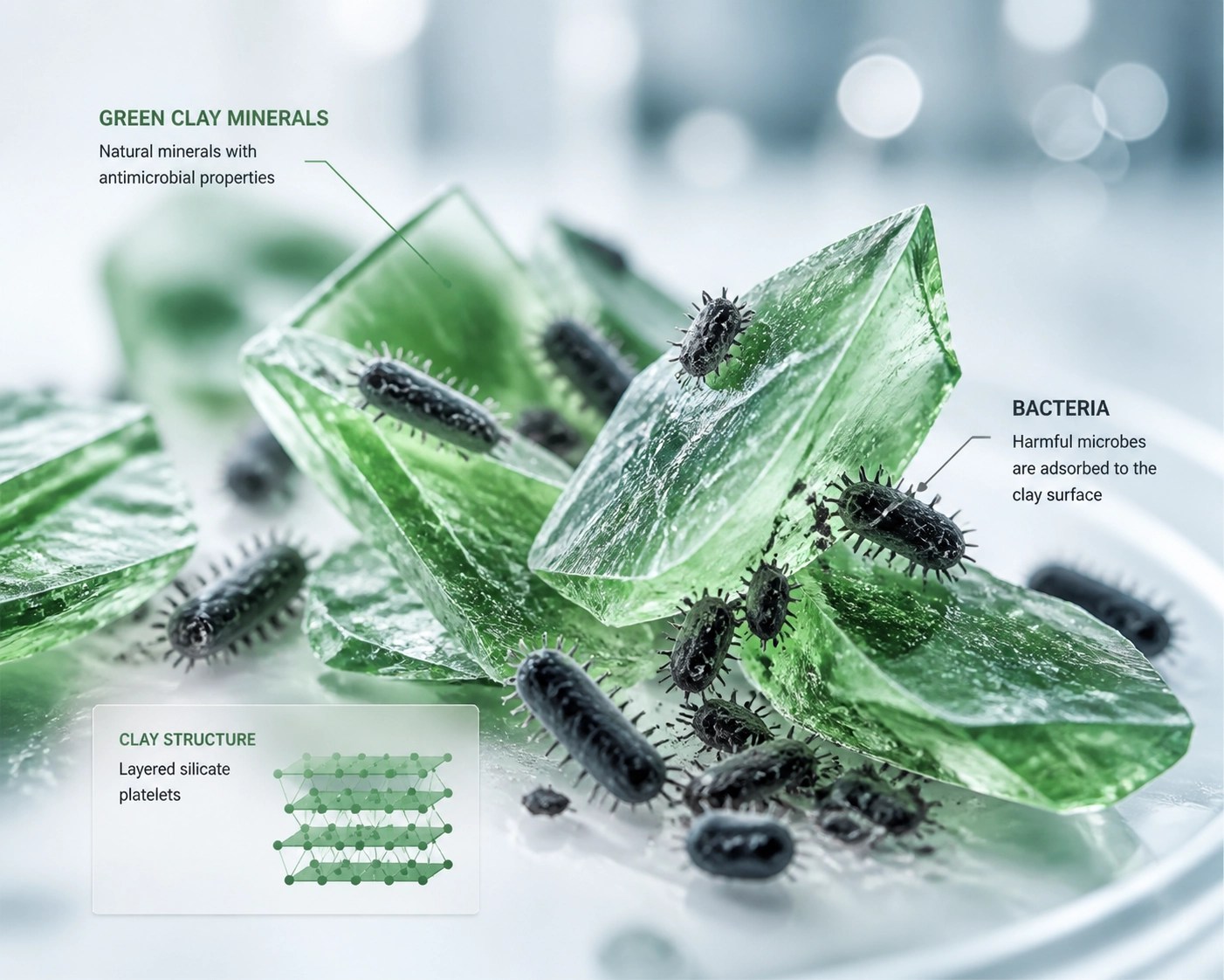 Scientific illustration showing French Green Clay minerals disrupting bacterial cell walls for a deep detox.