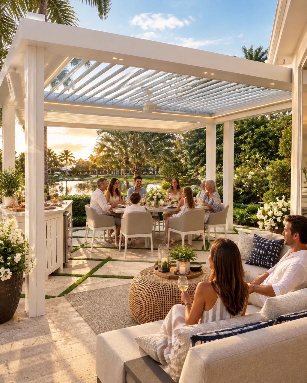 Family and friends dining and relaxing beneath an open motorized louvered roof pergola in a South Florida backyard