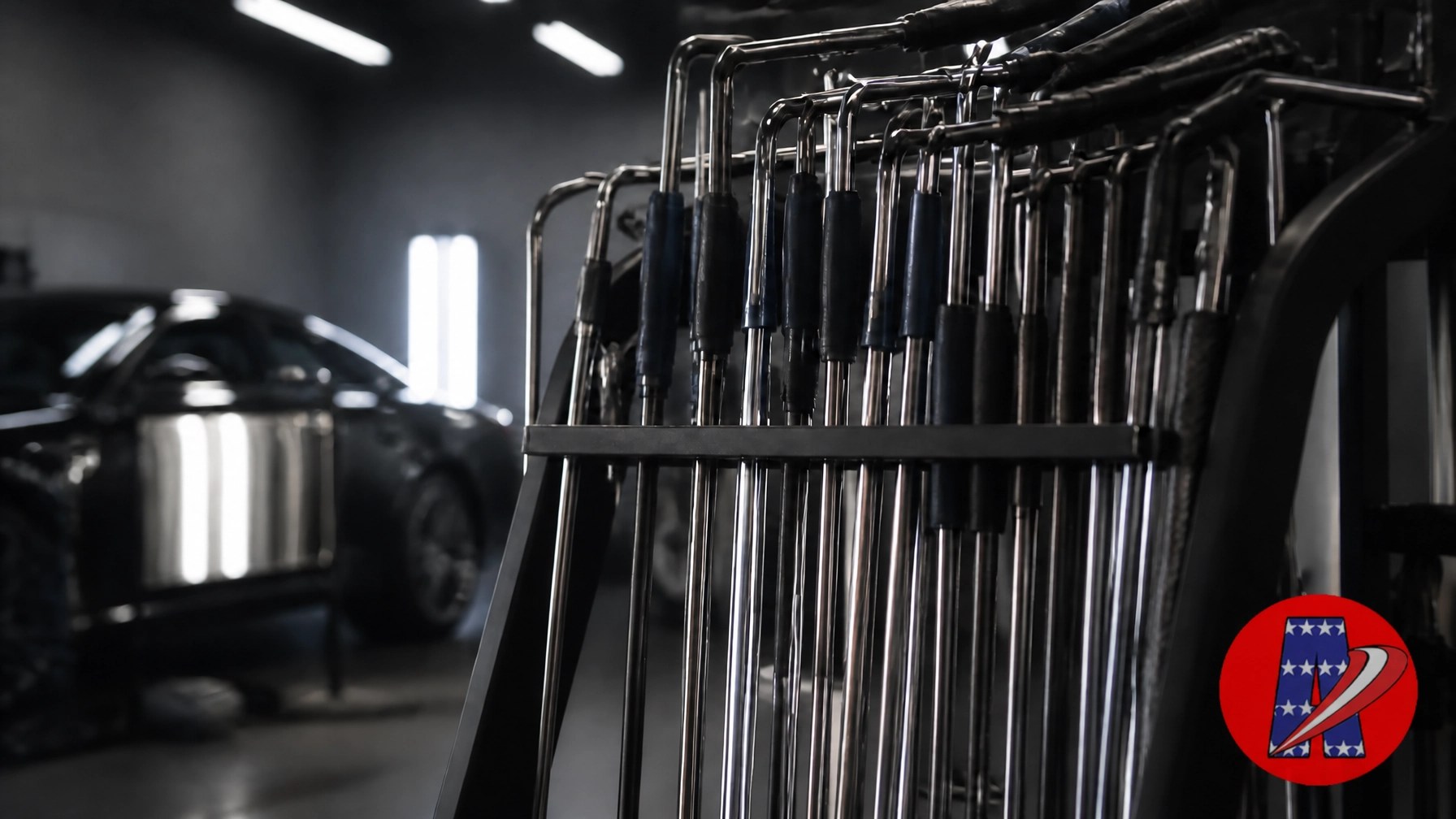 A rack of professional PDR rods and tools in a high-contrast automotive repair setting, featuring the Patriot Badge logo.