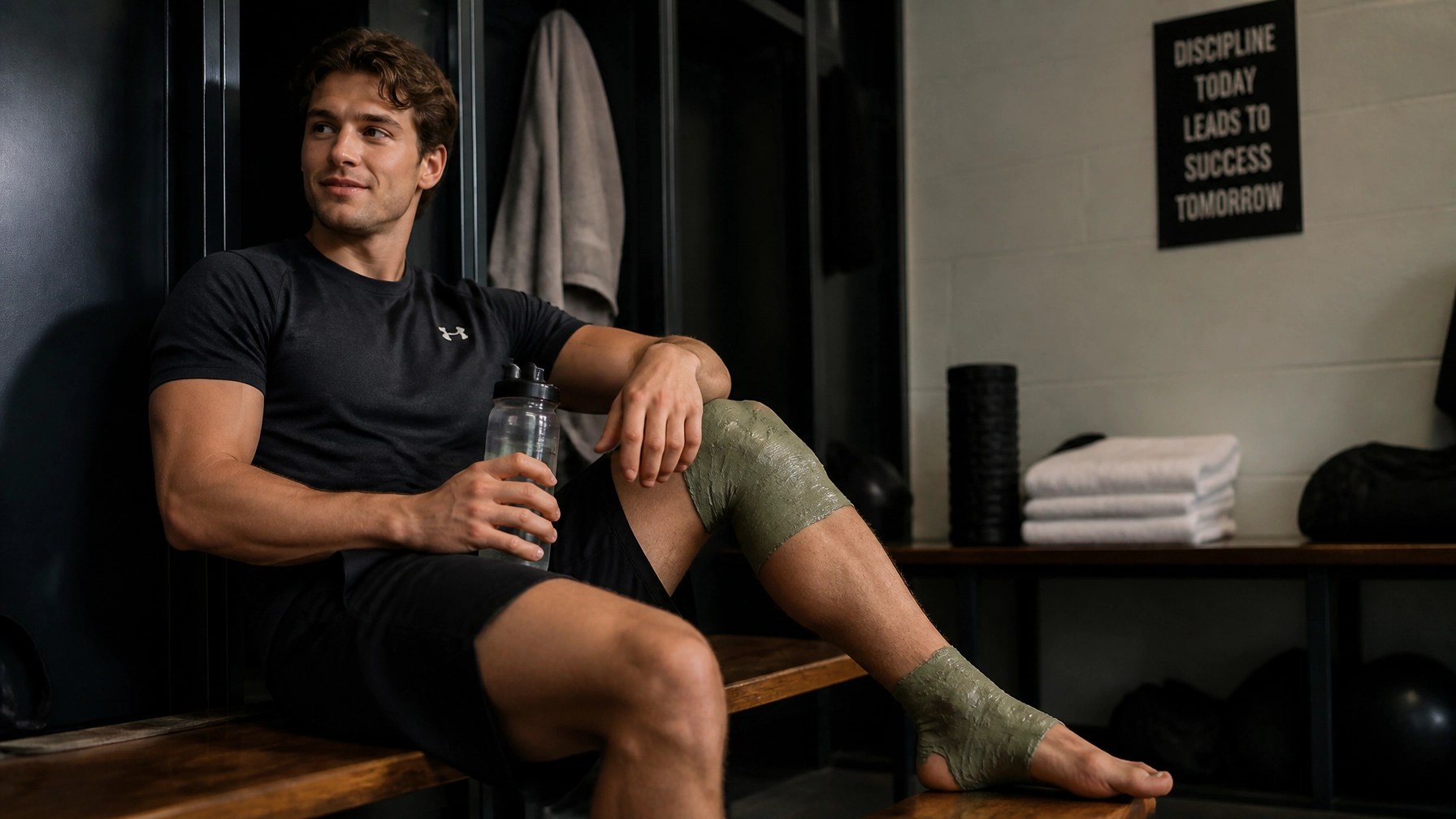 Athlete with a clay wrap on their knee relaxing in a locker room