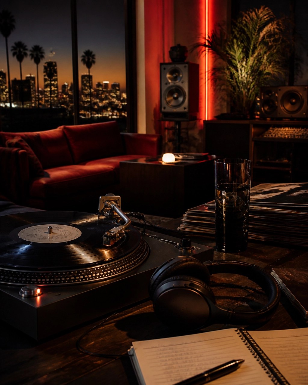 Turntable, headphones, and notebook during a late-night album listening session