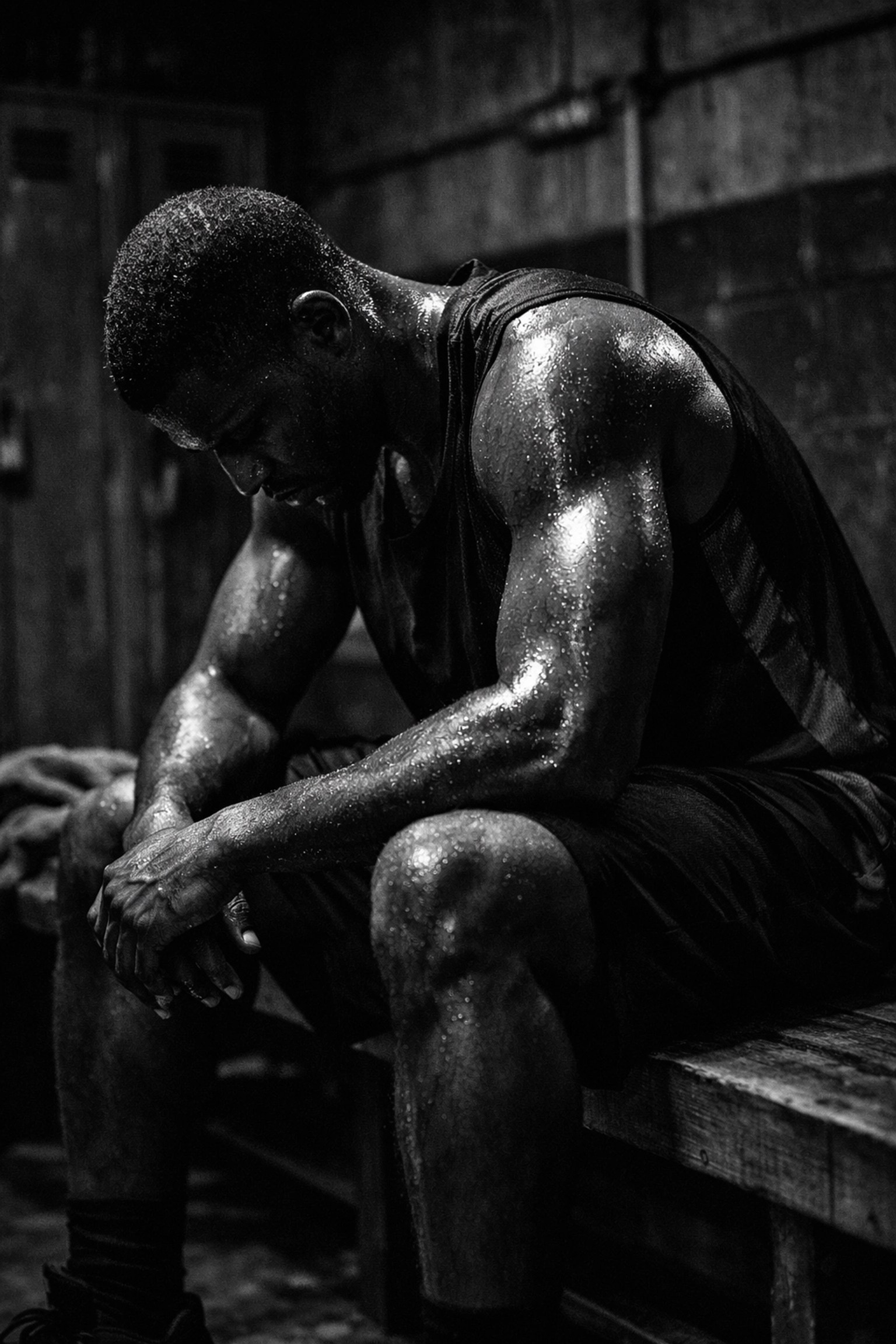 Exhausted athlete in a locker room demonstrating the need for effective sports recovery and inflammation management.