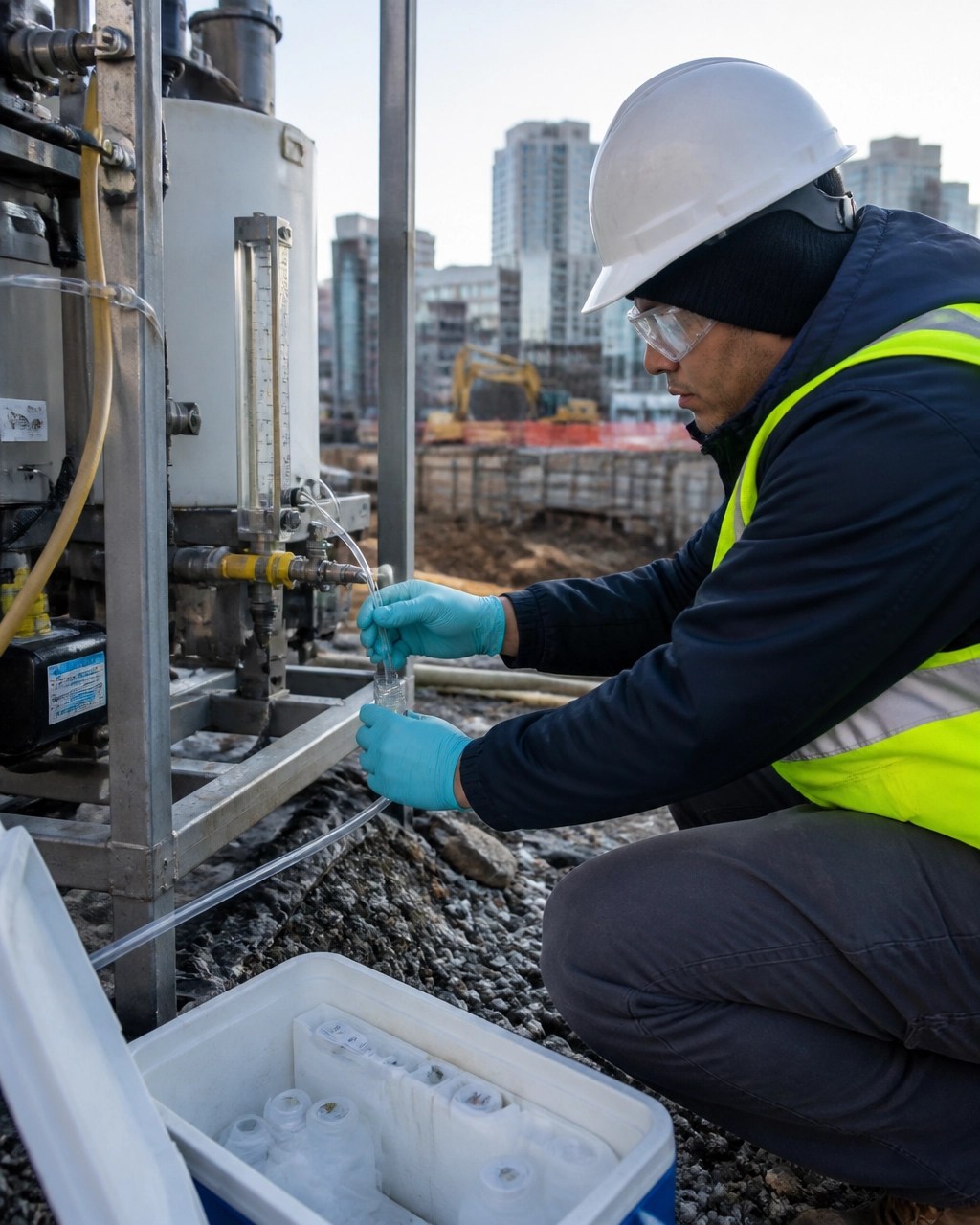Environmental technician collecting a groundwater discharge sample beside a temporary treatment system