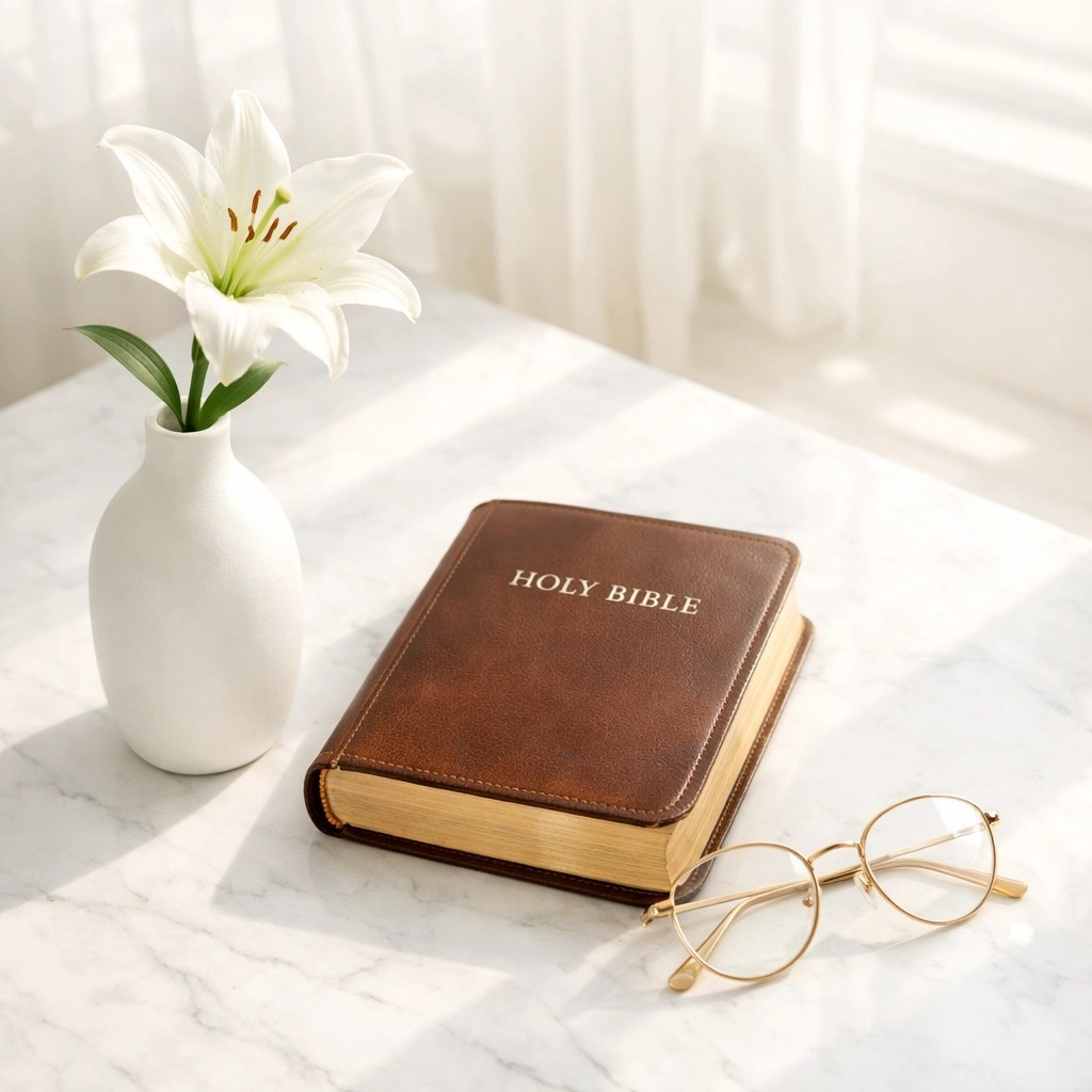 A white lily and Bible in a sun-drenched room, representing hope and spiritual renewal.