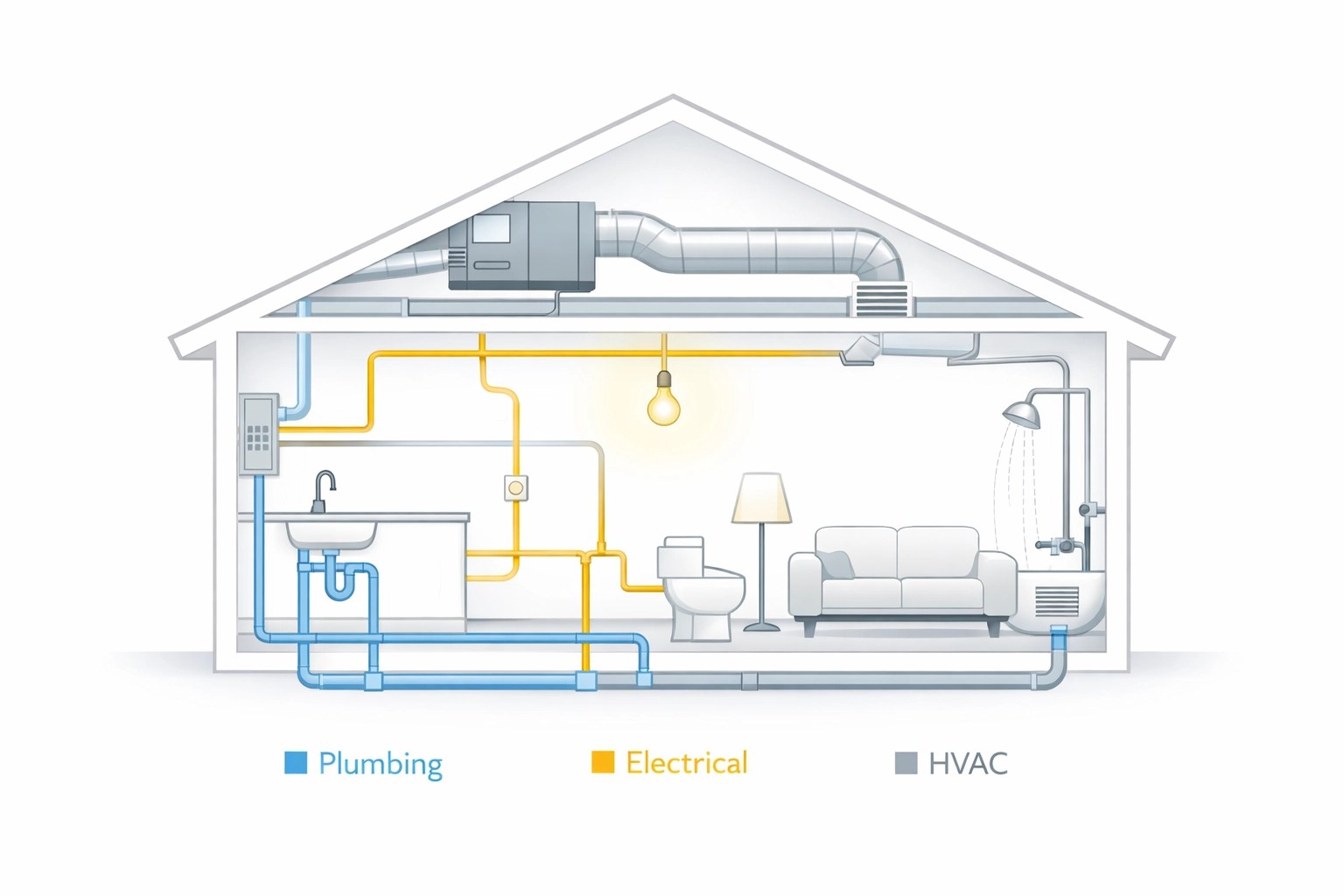 Home systems diagram showing plumbing, electrical, and HVAC included in custom build