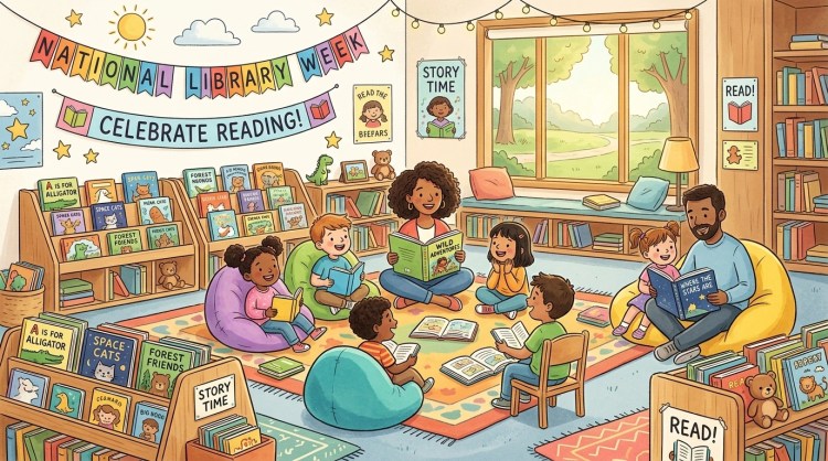 A vibrant and cozy children's library section during National Library Week with diverse families and colorful beanbags.