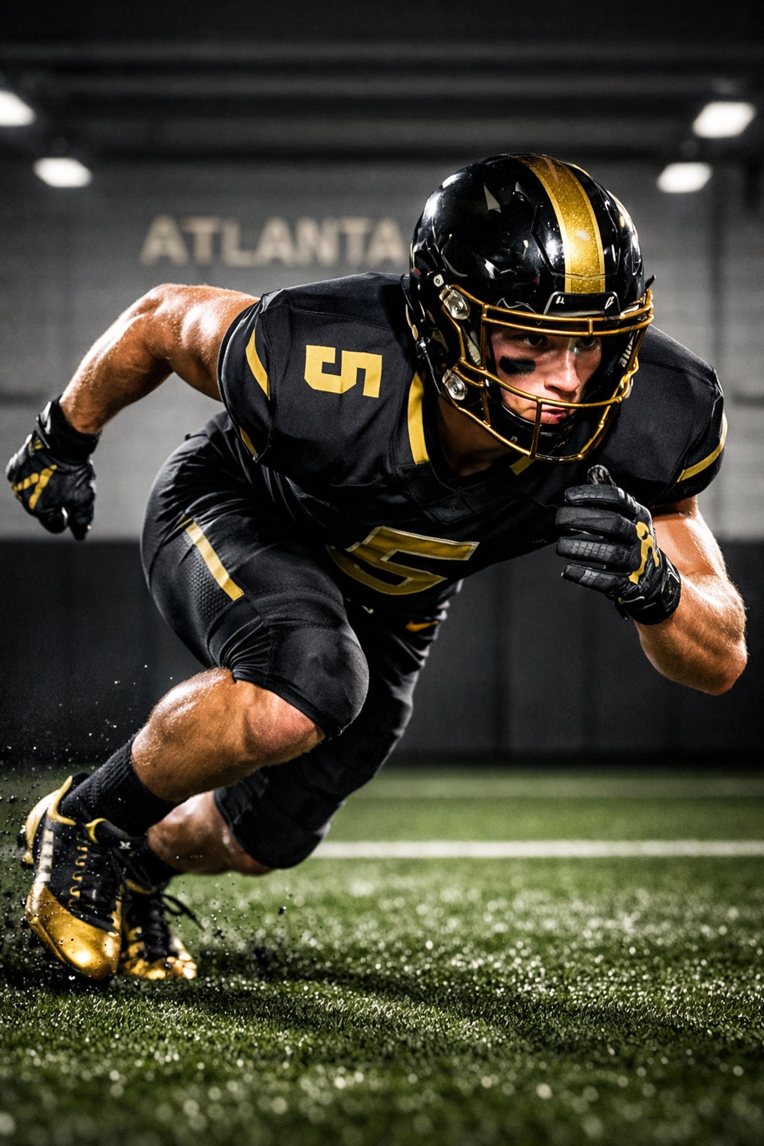 Elite high school football athlete practicing explosive starts in Atlanta training facility.