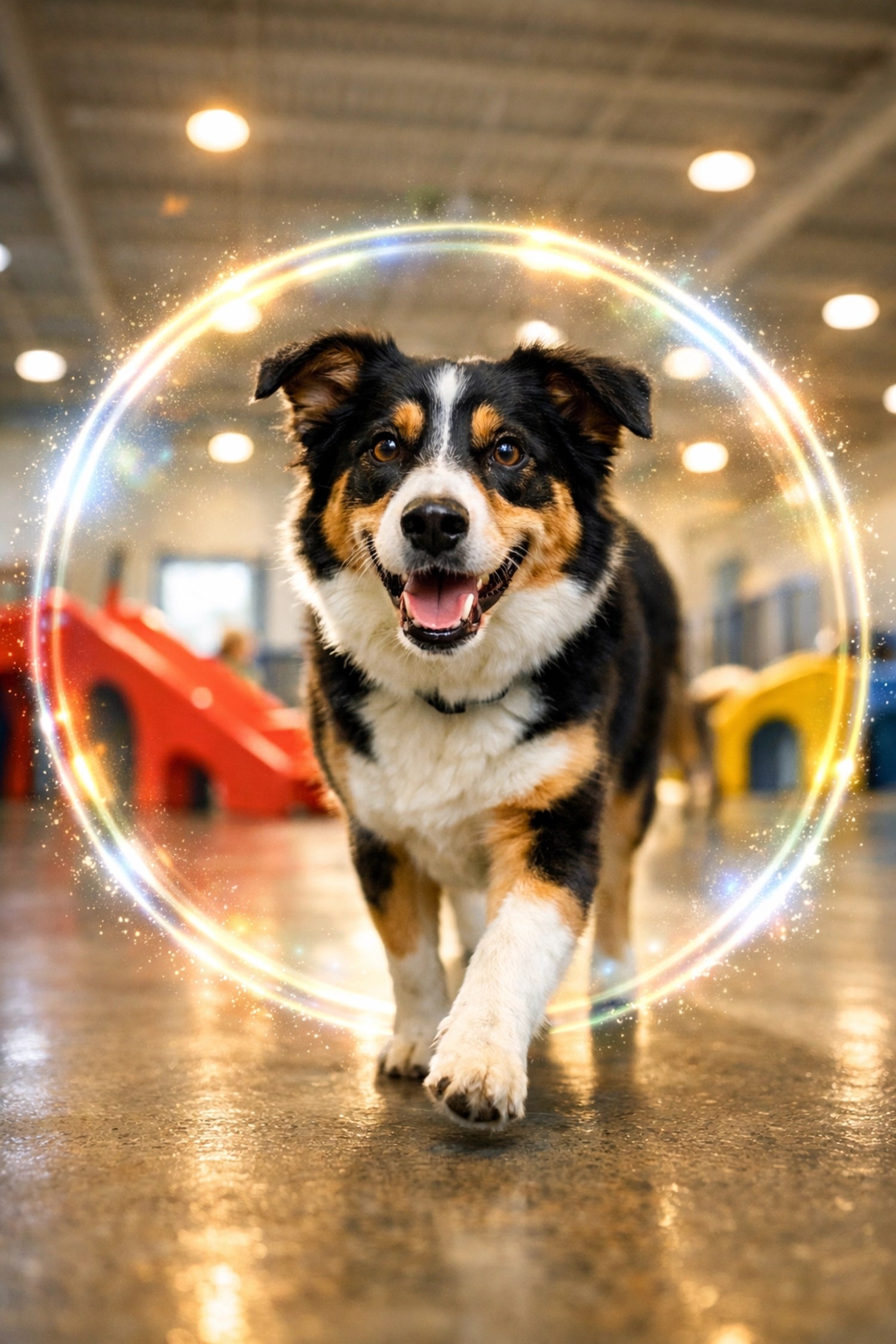 A healthy dog in a clean pet facility symbolizing strong immunity and protection from vaccinations.