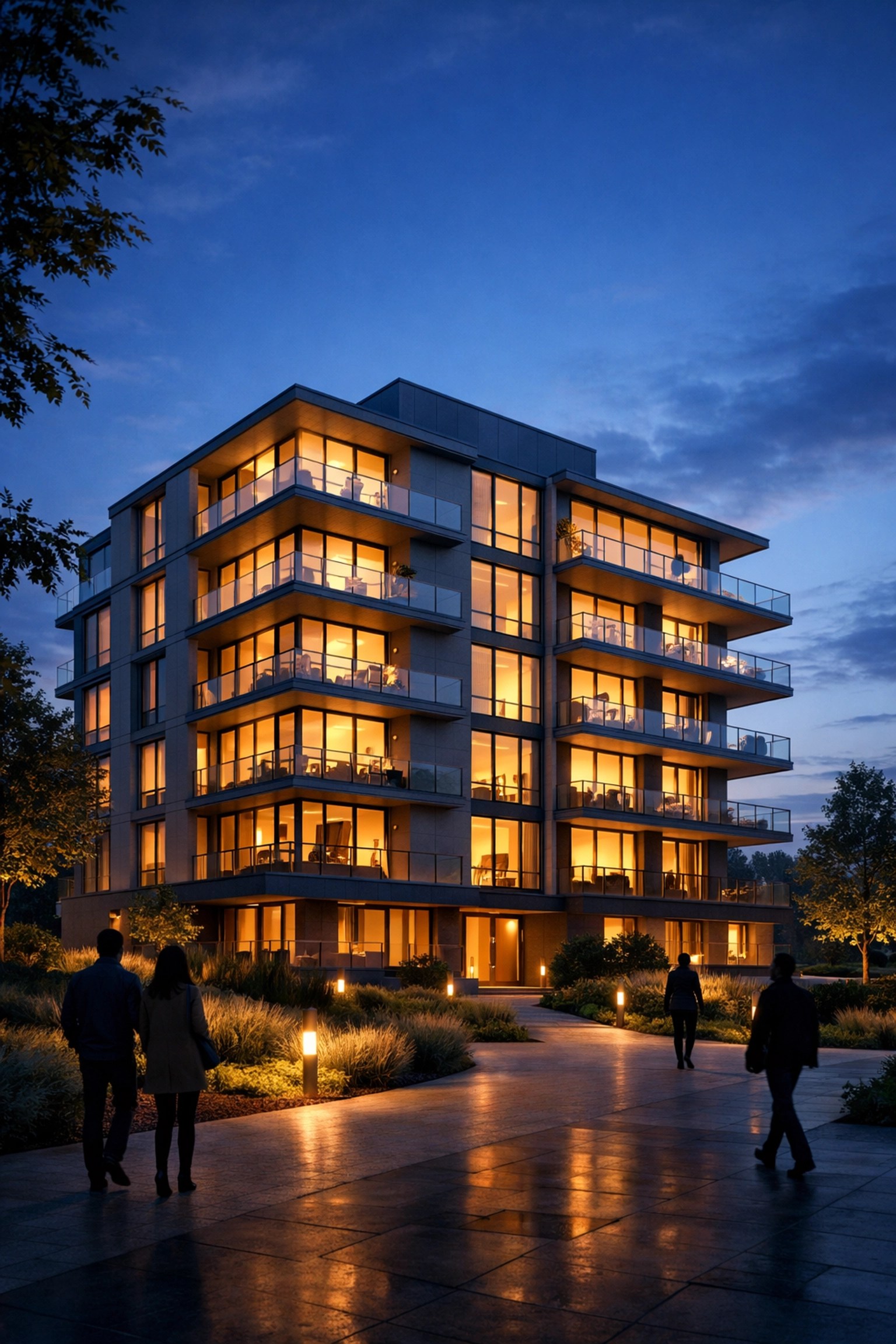Modern residential building exterior visualization at dusk with interior lighting