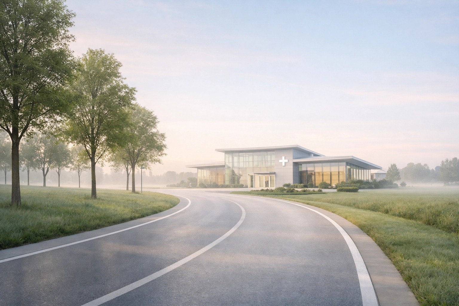 A peaceful road leading to a healthcare facility, symbolizing reliable access to medical services.