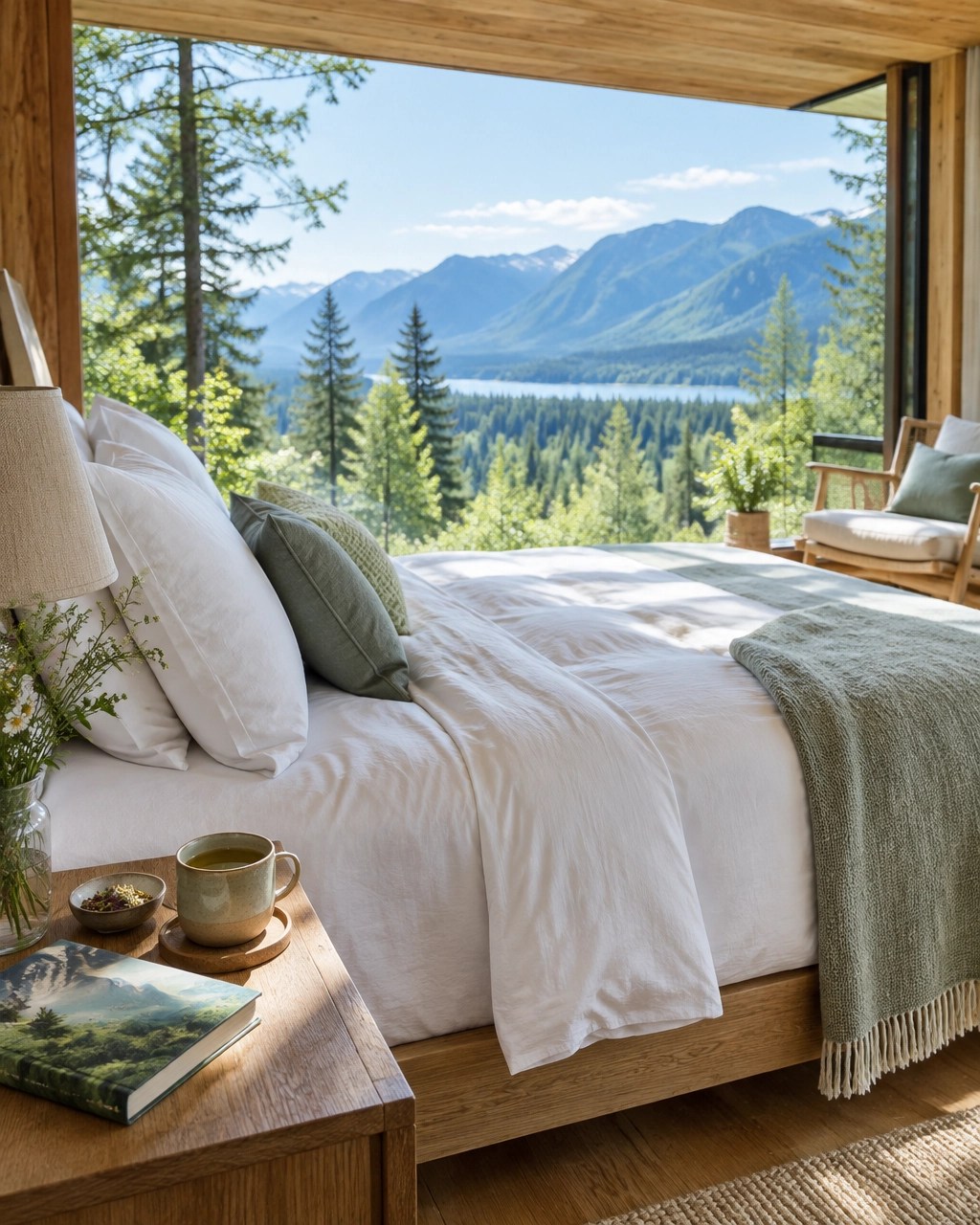 Airy timber bedroom opening onto a green forest and mountain view