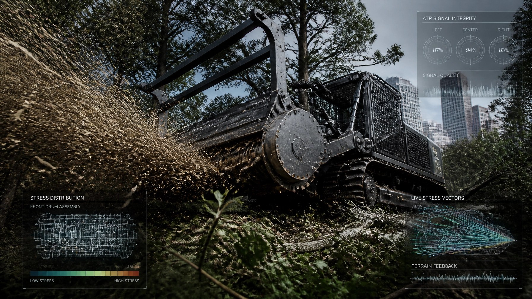 Mulcher moving through dense urban forest with transparent technical overlay signals