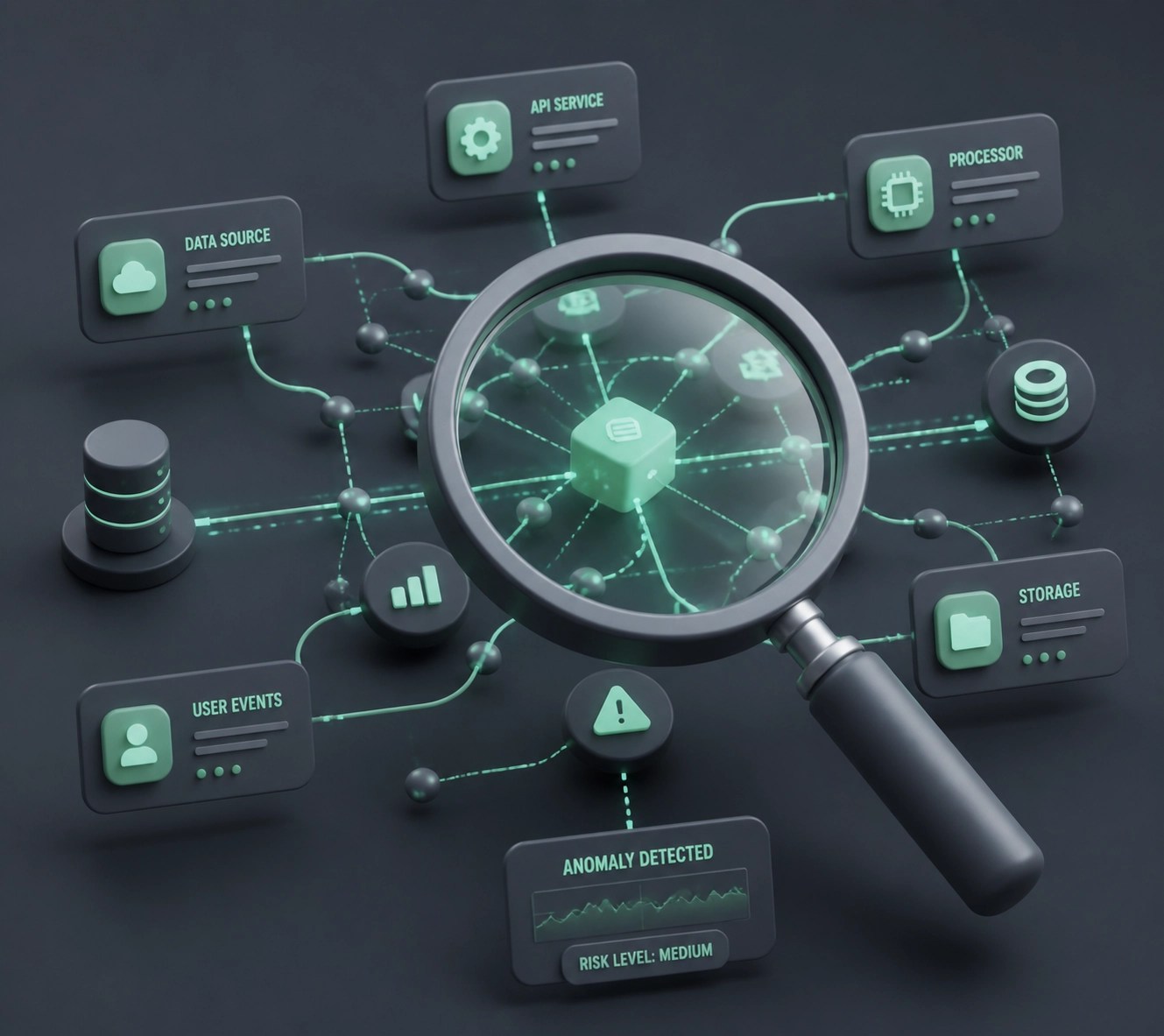 Magnifying glass analyzing a network of data nodes for professional network diagnosis and troubleshooting.