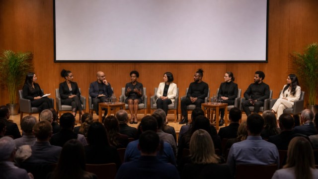 Museum professionals and community representatives participate in a public discussion about fashion history and institutional responsibility