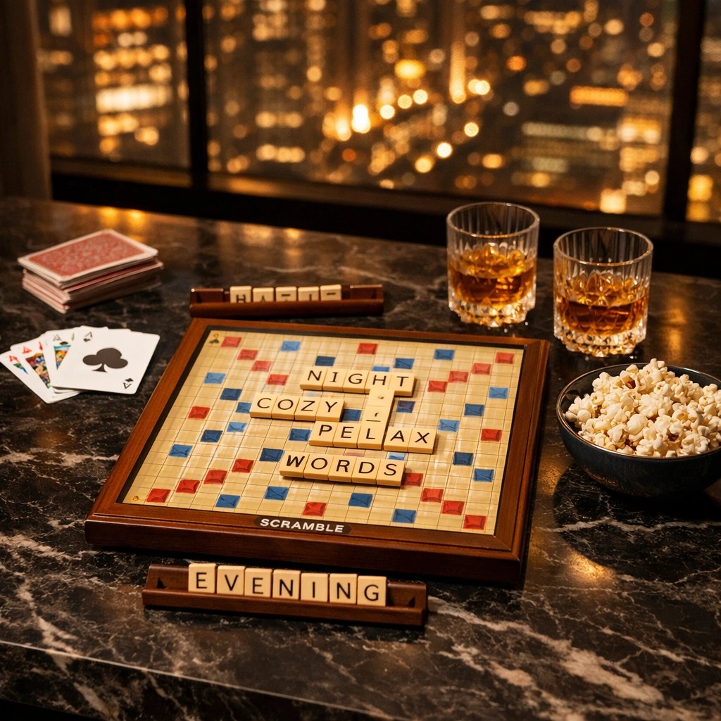 Romantic staycation card game night in a luxury NYC penthouse with views of the city skyline.