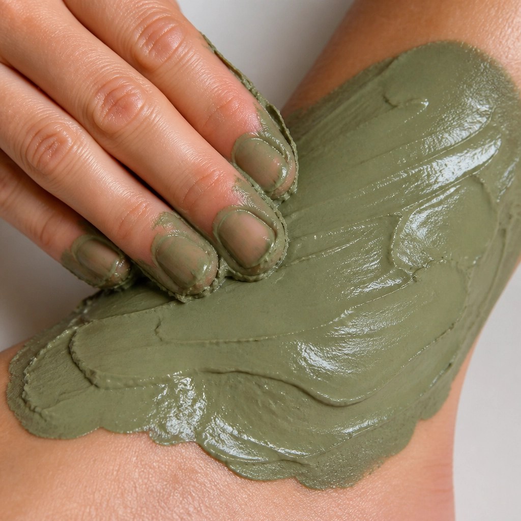 A close-up of a green clay poultice on the skin
