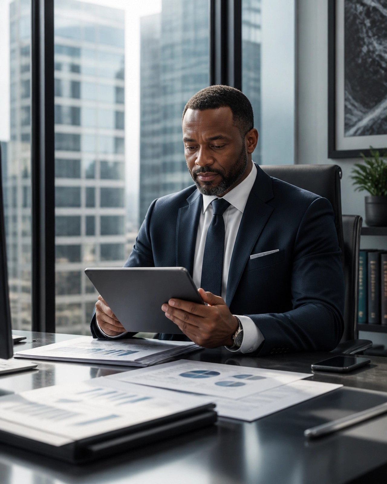 Professional financial expert reviewing documents