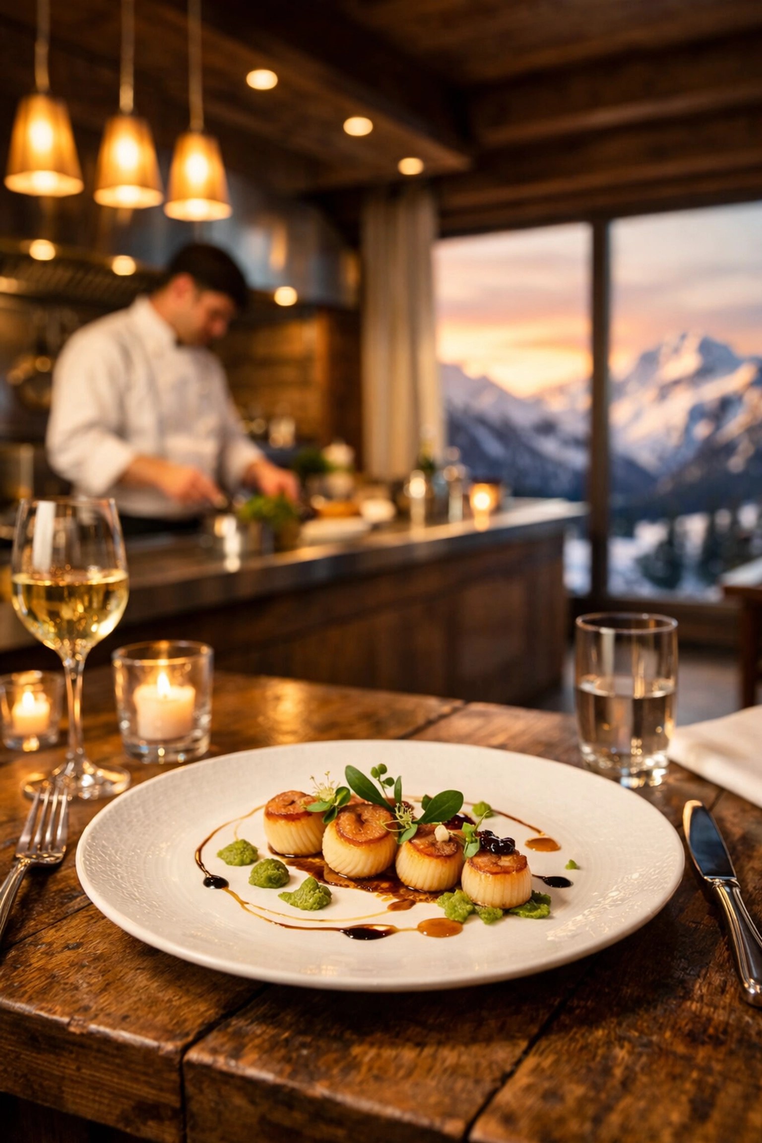 Private chef preparing gourmet cuisine in exclusive Alpine chalet kitchen