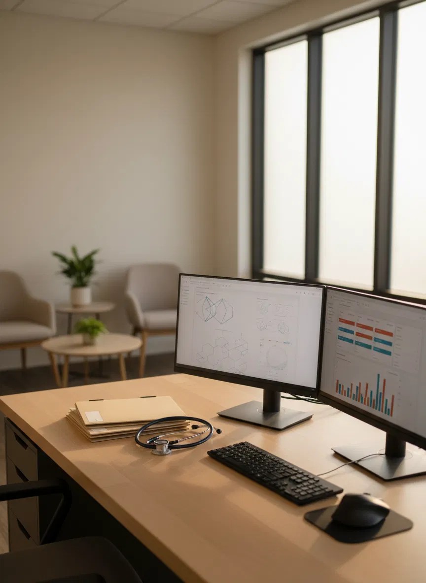 Healthcare data and workflow analysis station representing supervised AI support for Patient Access teams