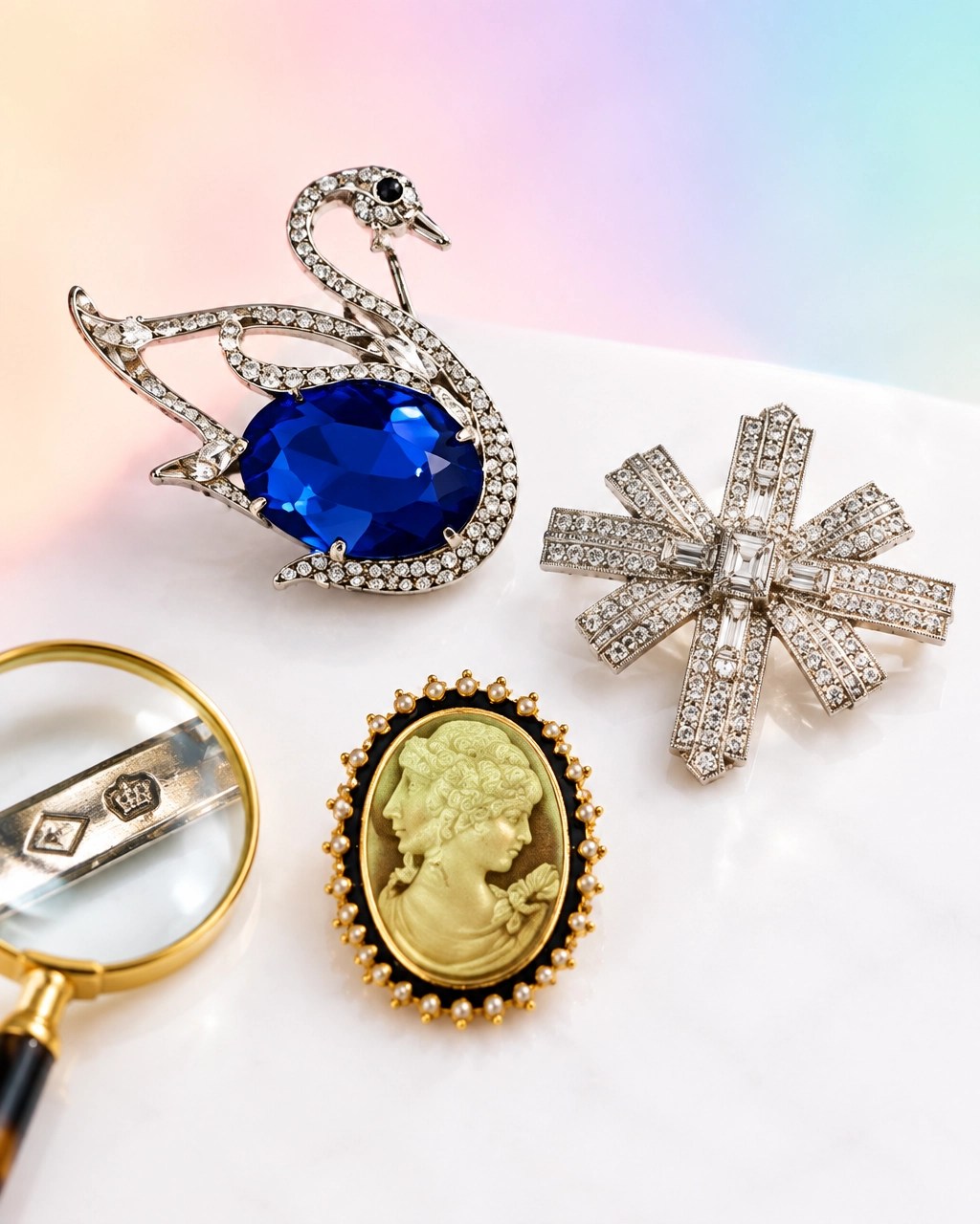 Blue swan brooch, Art Deco-inspired jewelry, and Victorian-style relief brooch arranged for comparison