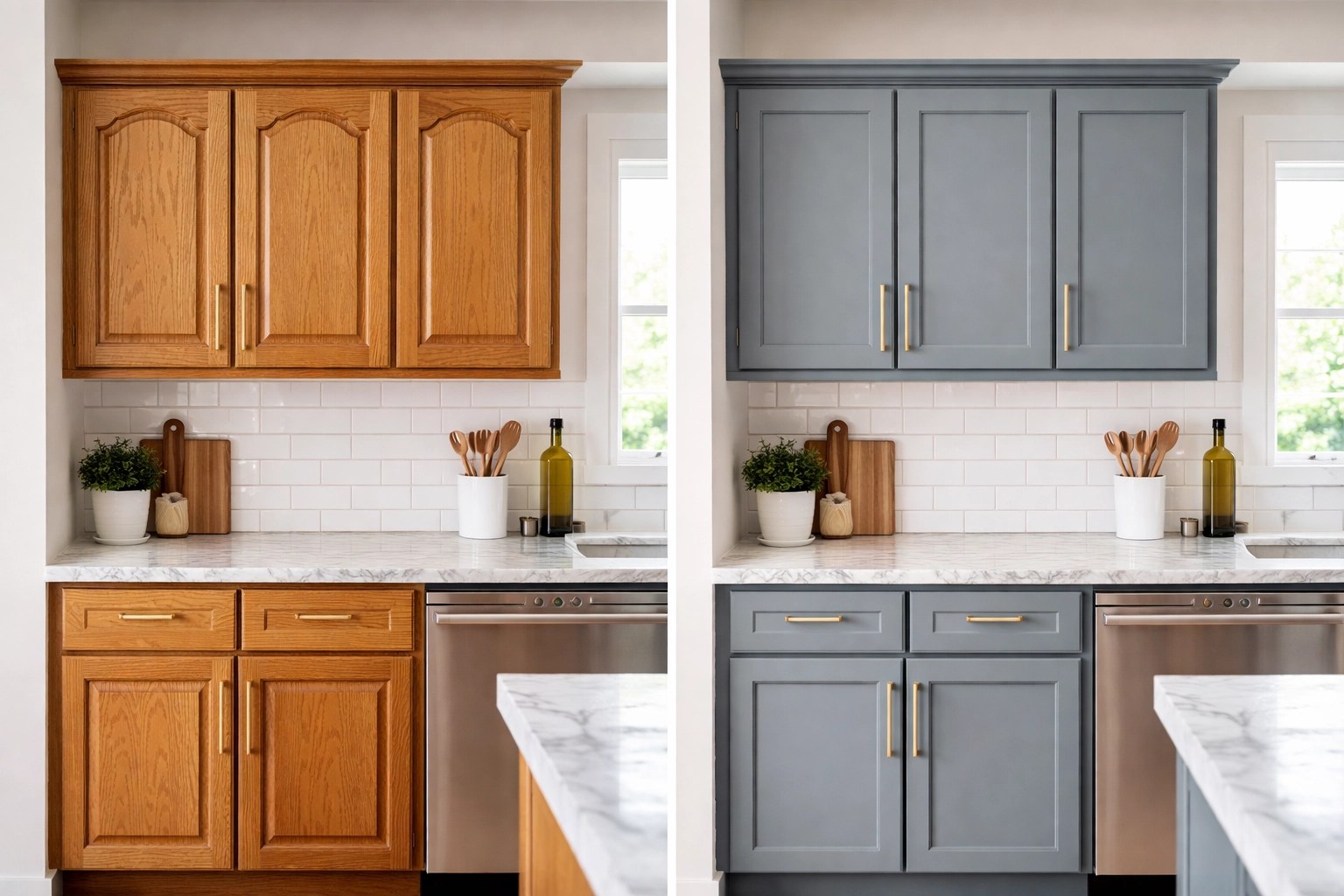 Before-and-after view of Port St. Lucie kitchen cabinets transformed with gray-blue paint and new hardware