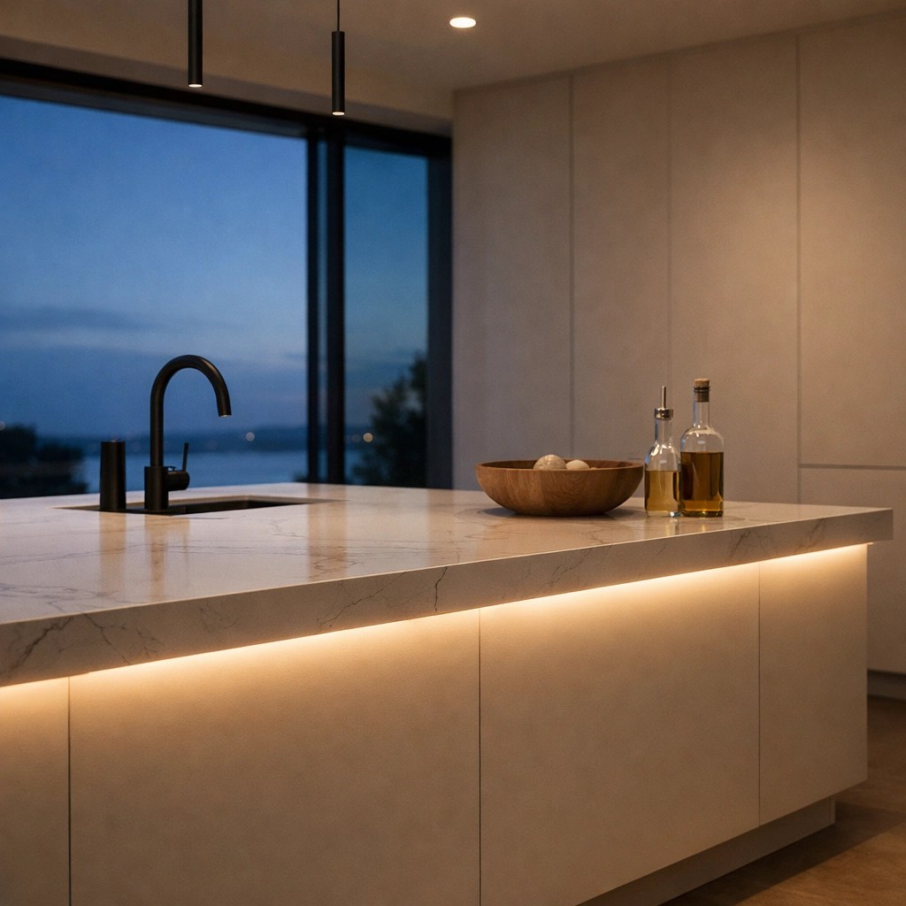 Modern kitchen with integrated LED lighting showing the result of a professional lighting plan.