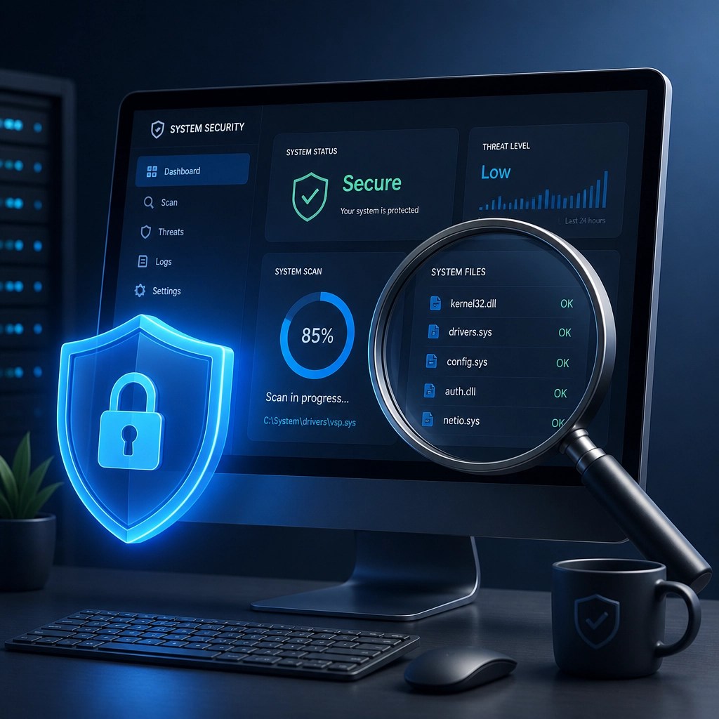3D illustration of a glowing blue shield over a computer screen