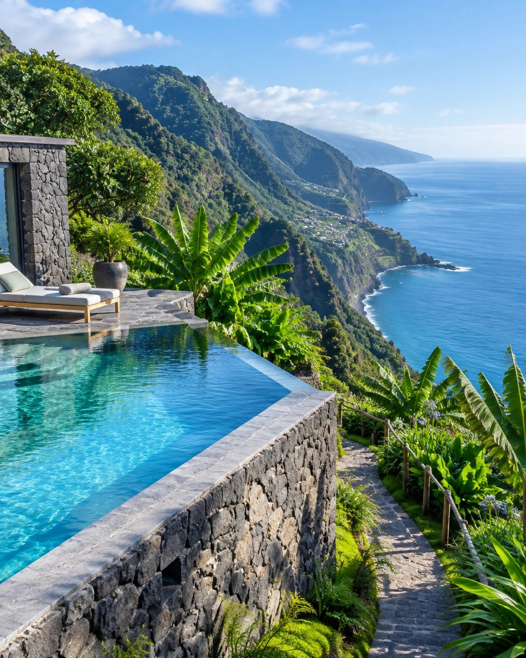 Cliffside Madeira wellness retreat with infinity pool above green volcanic slopes and the Atlantic