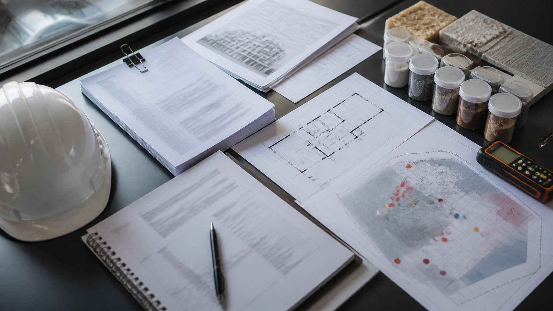 Commercial transaction due diligence materials, sampling map, plans, and sealed sample containers
