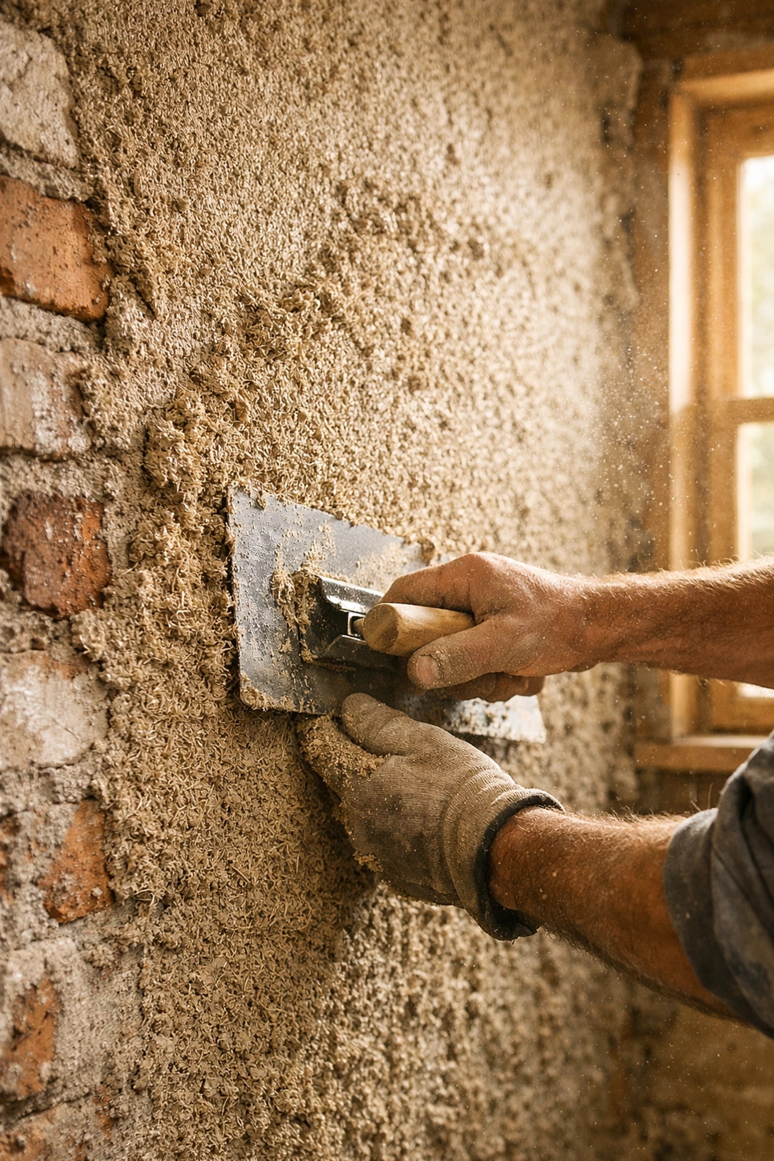 Contractor applying hempcrete to interior wall during sustainable renovation project