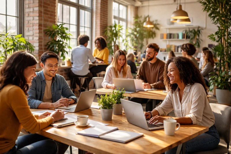 Coworking space community with diverse professionals collaborating, illustrating authentic brand experience.