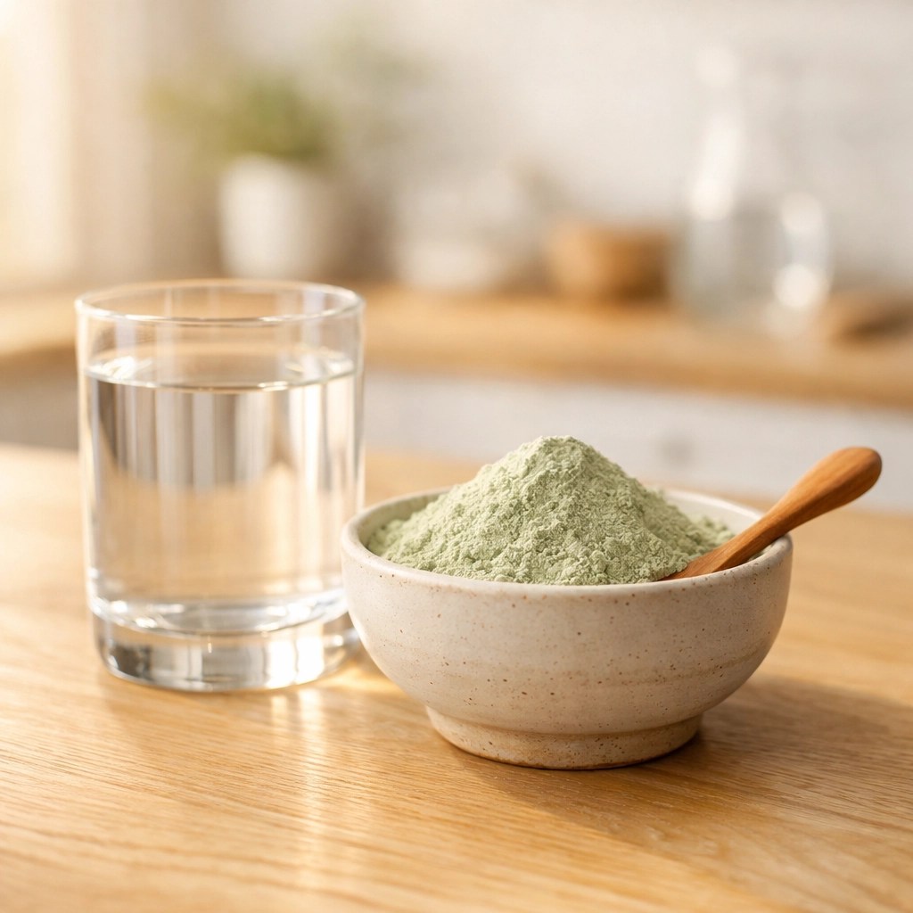 Fine green food grade clay powder and water prepared for a natural healing internal detox ritual.