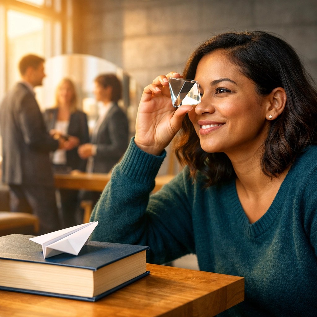 Student identifying professional networking opportunities using the Student Lens perspective in a campus lounge.