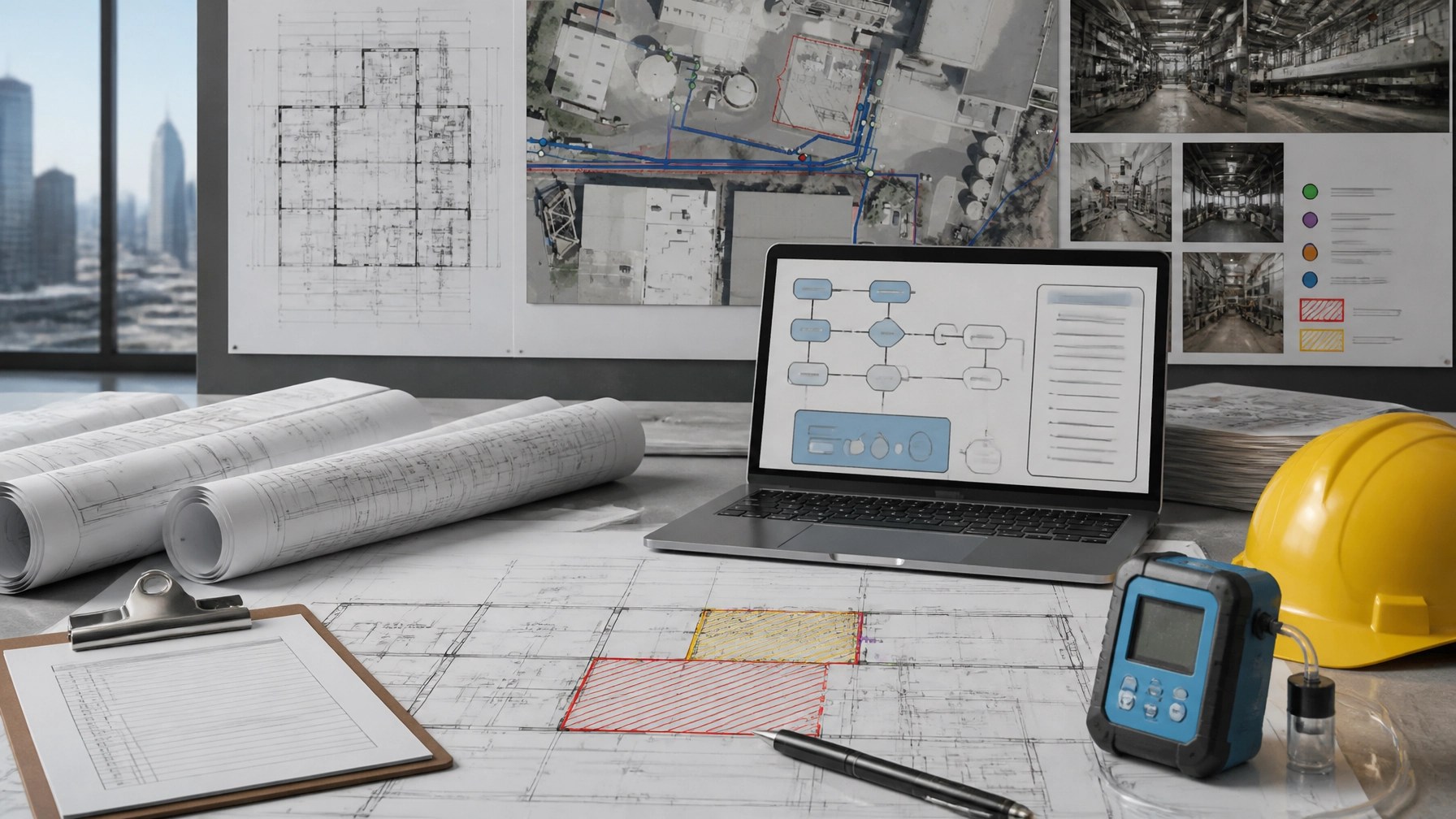 NYC renovation permit coordination desk with asbestos survey plans and technical drawings