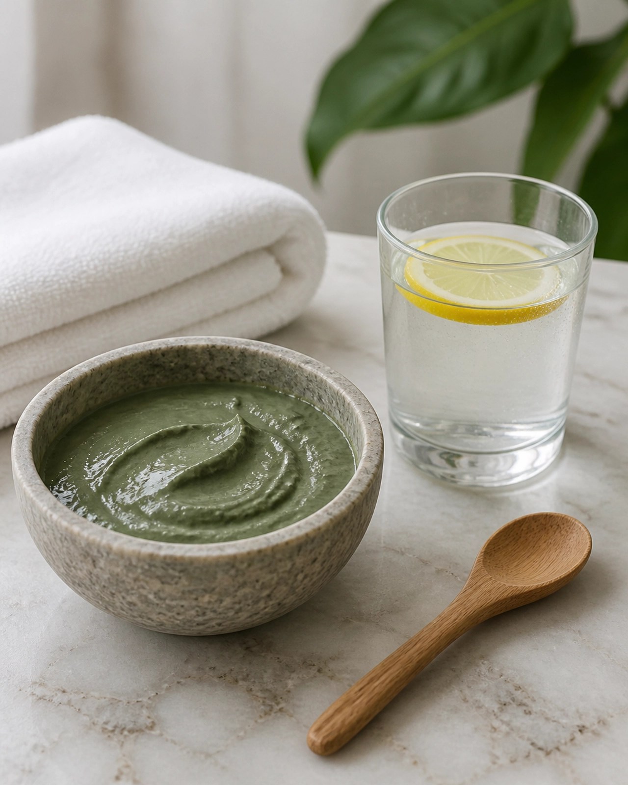 Minimalist wellness setup with green clay and water
