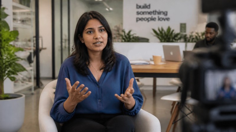 A confident startup entrepreneur being interviewed or speaking in a professional workspace