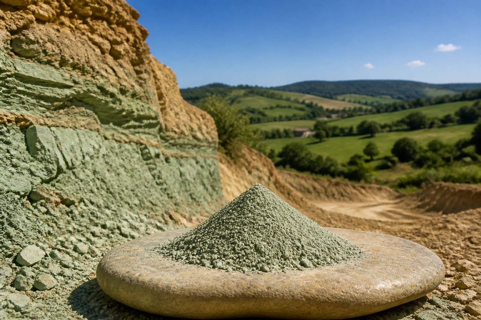 Raw French green illite clay sourced from natural mineral-rich earth deposits for deep detox science.
