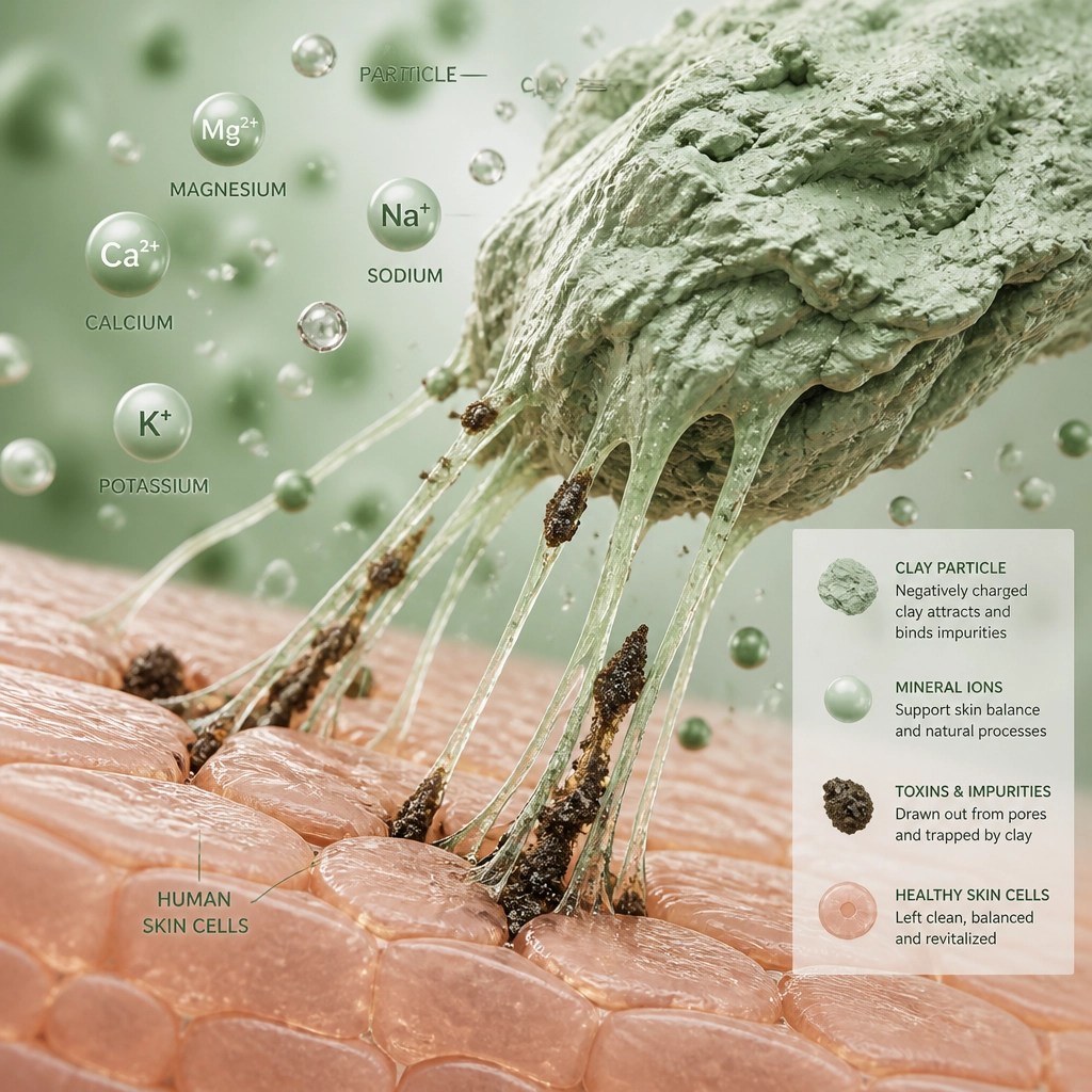Abstract representation of clay minerals pulling toxins from skin