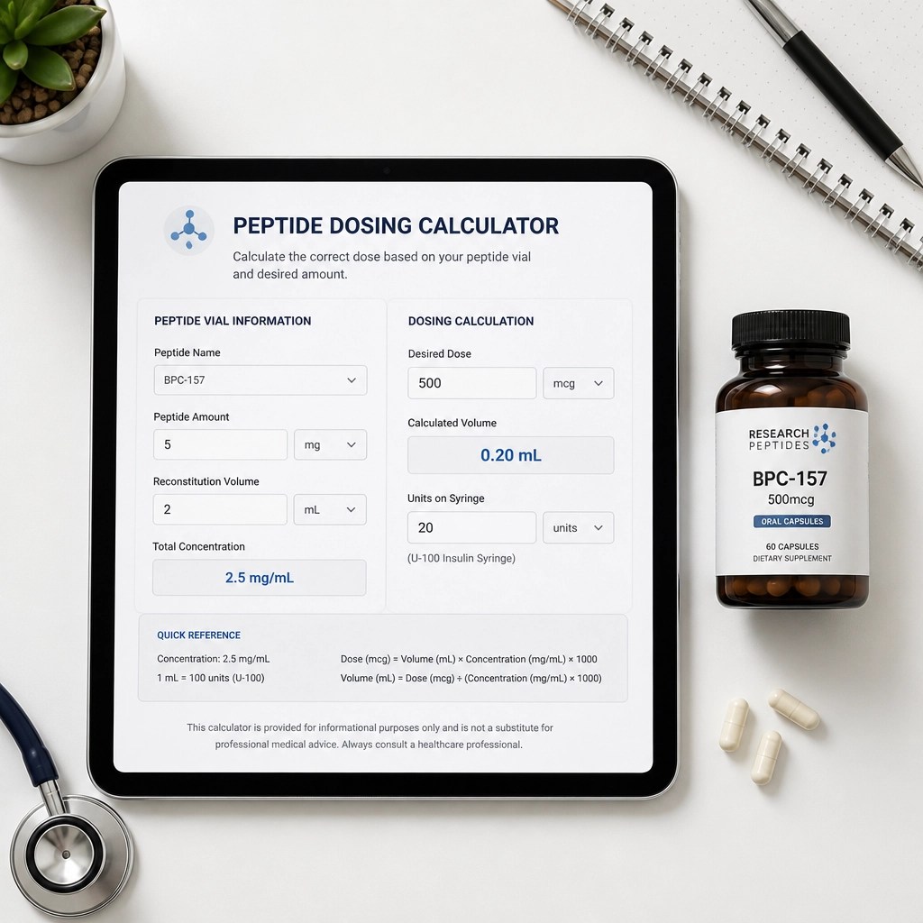 Digital tablet showing a peptide dosing calculator with oral capsules