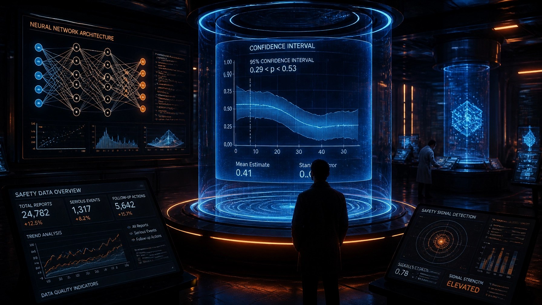 Cinematic futuristic data science lab with holographic displays and statistical graphs