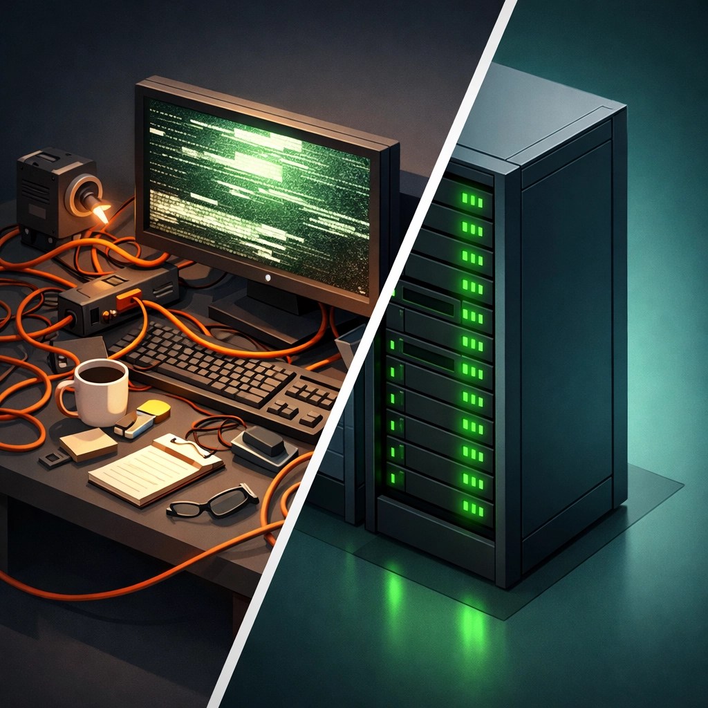 Comparison of cluttered amateur IT setup versus professional organized server infrastructure for business reliability.