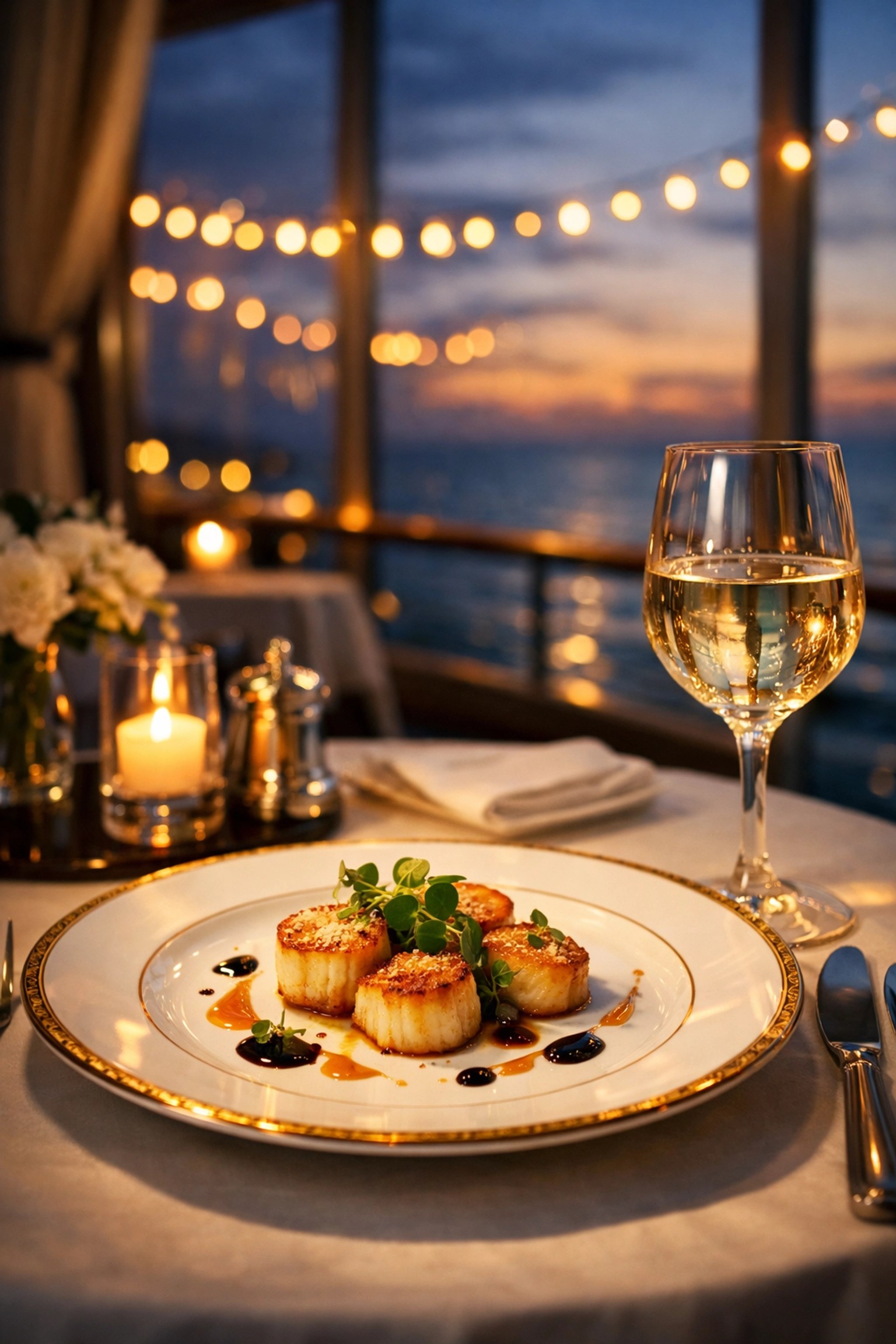 Gourmet dining experience aboard luxury cruise ship with plated scallops and ocean view
