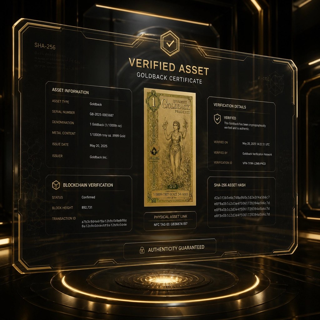 A digital interface showing a verified asset certificate with cryptographic code