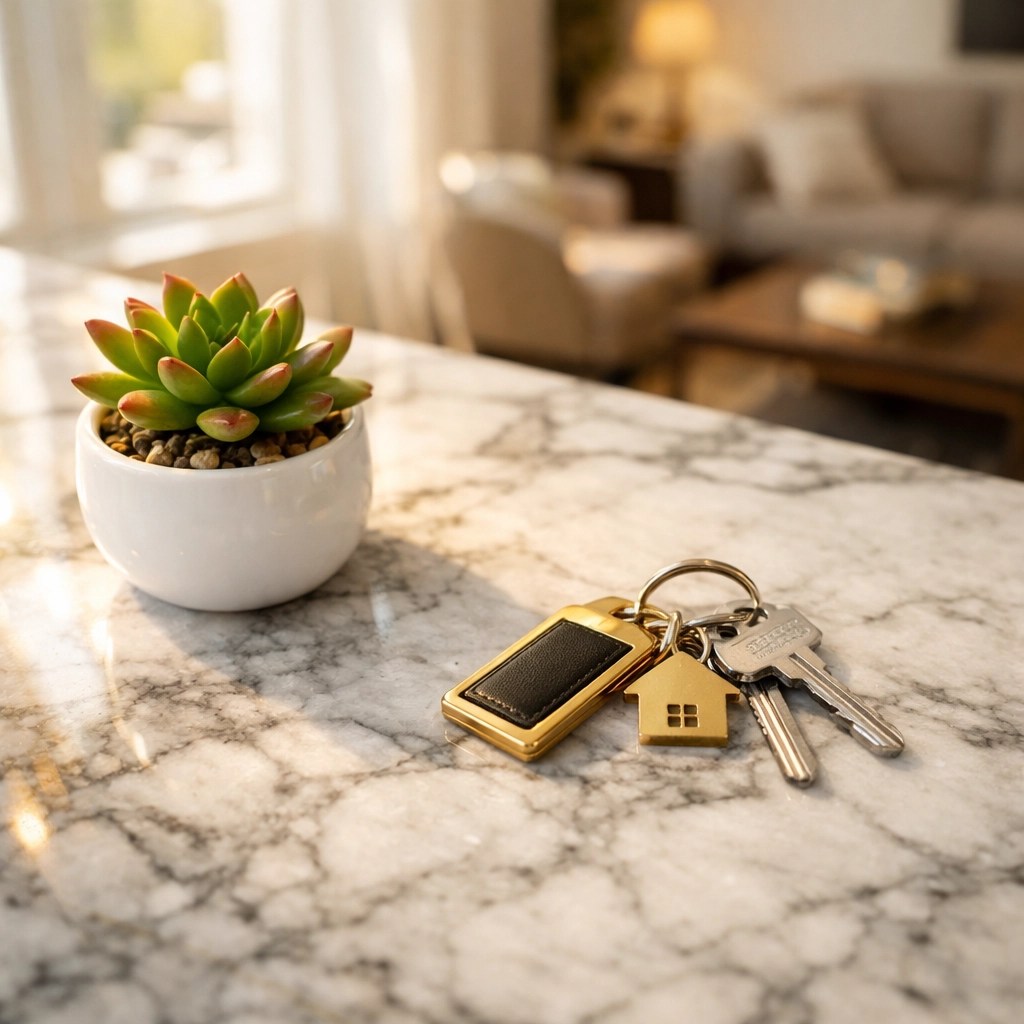 Modern home interior with keys representing equity growth for Miamisburg homes for sale.