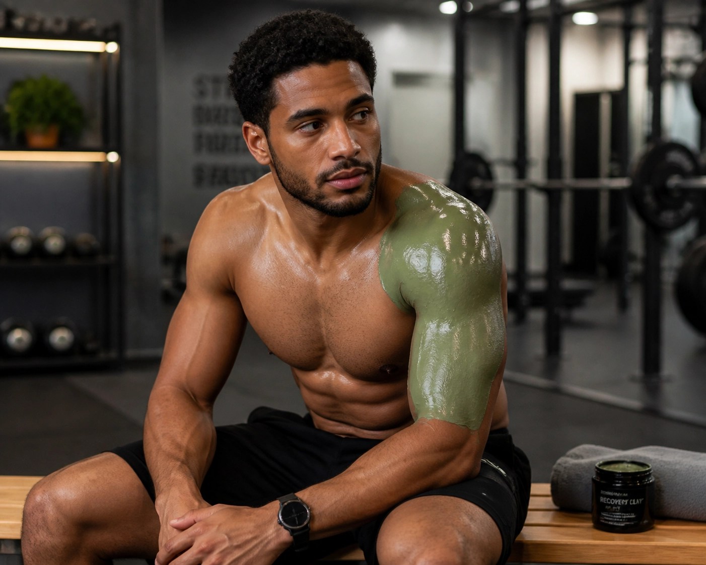 Athlete applying green clay to shoulder for muscle recovery and detoxification.