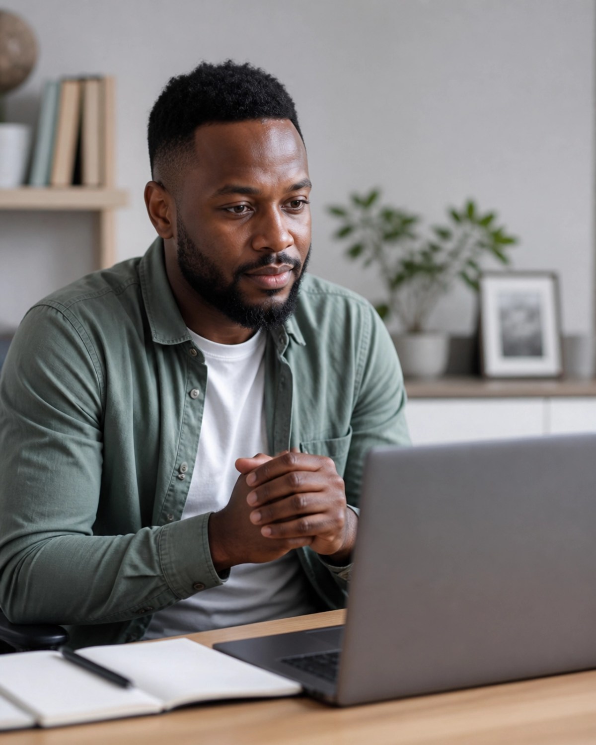 A Black man participating in an online therapy session, demonstrating the accessibility of modern mental health services.
