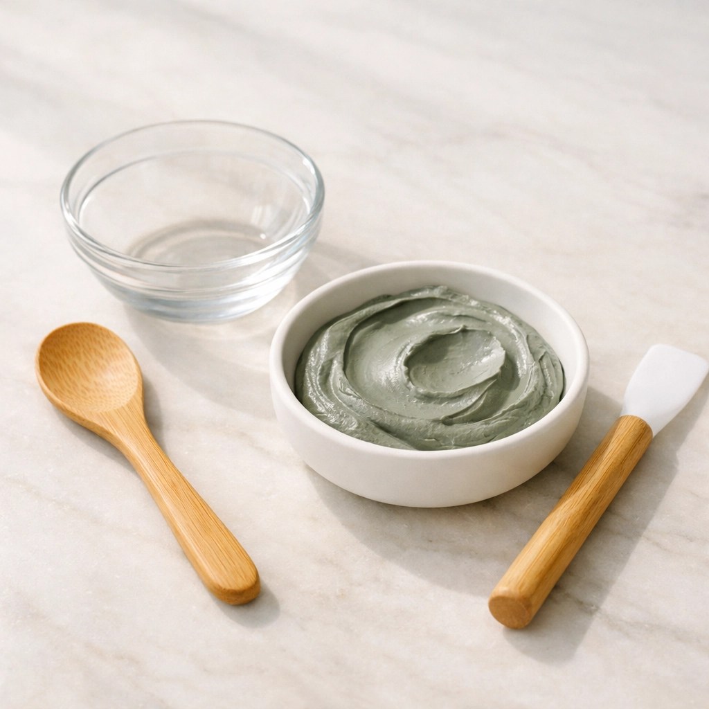 Non-reactive wood and glass tools for mixing bentonite clay masks on a marble surface.