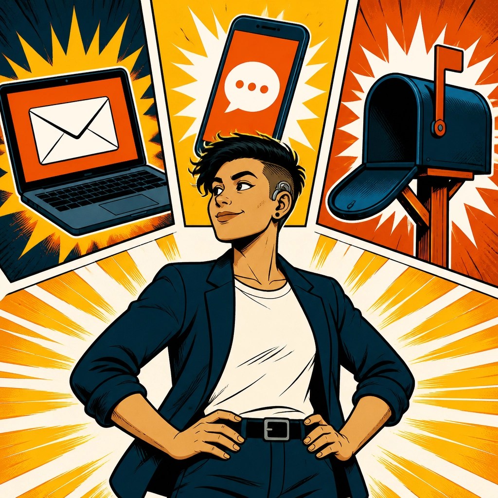 A character choosing between different friendly communication paths like email and text.
