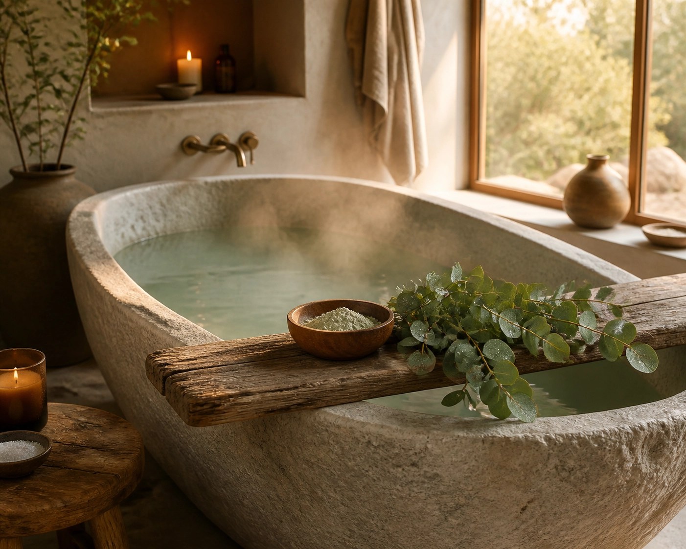 Relaxing full-body detox bath featuring French green clay and mineral-rich water in a serene spa setting.