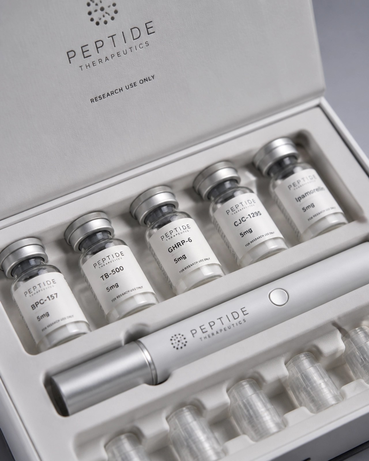 Macro photography of a high-quality peptide kit with glass vials and a sleek pen system